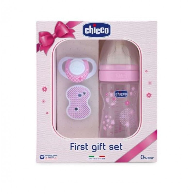 7069906-Chicco First Gift Set Rosa 0M+  1 biberão (150 ml) + 1 chupeta + 1 clip chupeta-Higiluxonline.pt